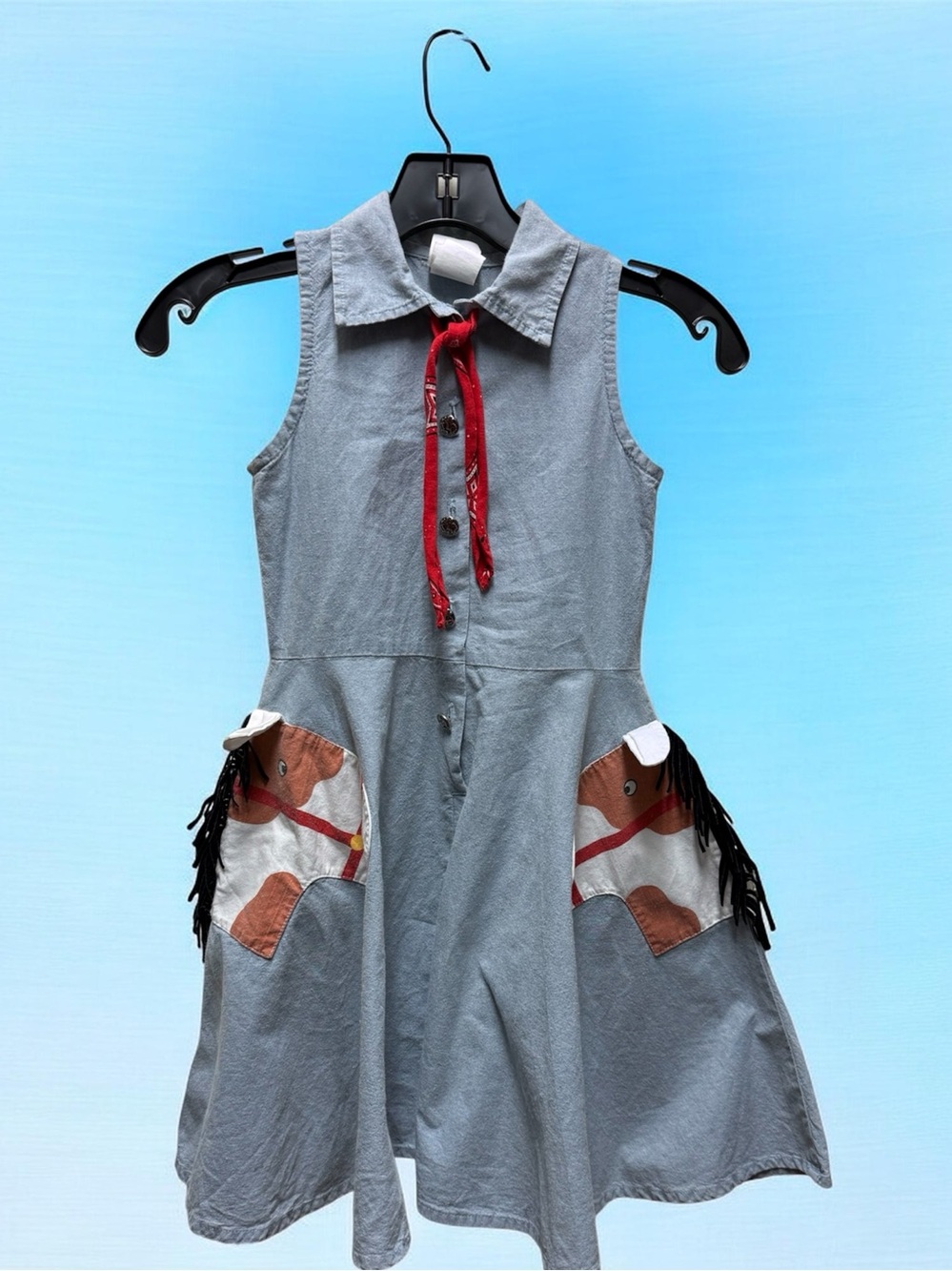Vintage Western Horse Theme Collard Chambray Denim Dress Girls Sz. 7